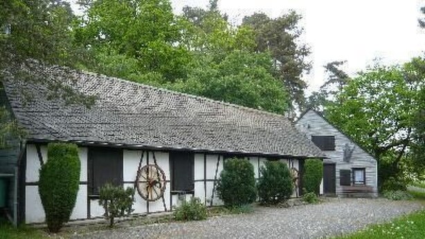 A traditional building with a thatched roof, a small porch, and a gravel driveway. - Apartment Klein by Interhome (Dickenschied)