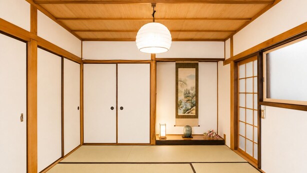 Et traditionelt japansk rum med tatamimåtter, skydedøre, en hængende lampe og et maleri på væggen.