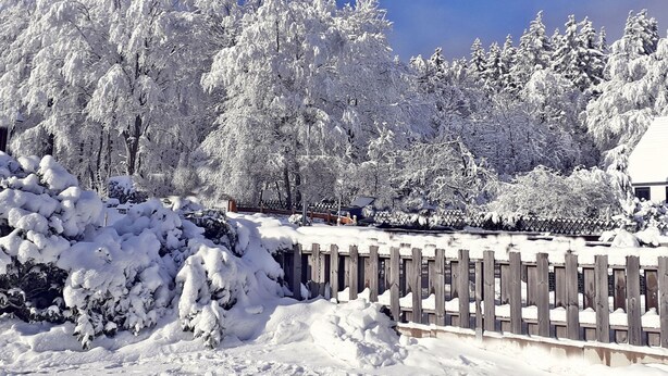 A snow-covered landscape with a wooden fence and trees. - Premium-Ferienwohnung mit Bergblick im Haus Hopfe by Interhome (Goslar)