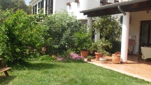 A garden with potted plants and a grassy lawn in front of a white building with black shutters. - Apartment Katja by Interhome (Pula/Banjole)