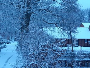 A snow-covered landscape with a house and a tree in the foreground. - Mühlenkate by Interhome (Thomasburg)