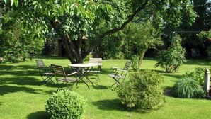 A well-maintained garden with a table and chairs under a tree, surrounded by lush greenery. - in ehemaliger Dorfschule am Dorfrand by Interhome (Bergen)