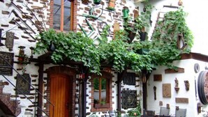 A rustic building with a wooden door, a brick wall, and ivy growing over the structure. - Goldberg by Interhome (Pommern)