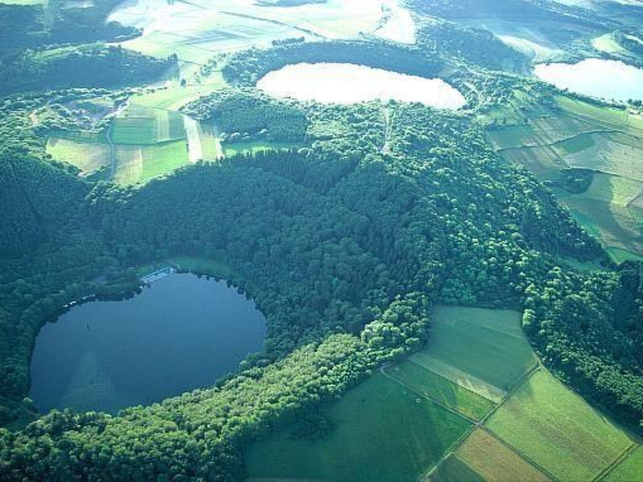 Vista aérea de un paisaje con un lago grande rodeado de un bosque denso y campos de cultivo.