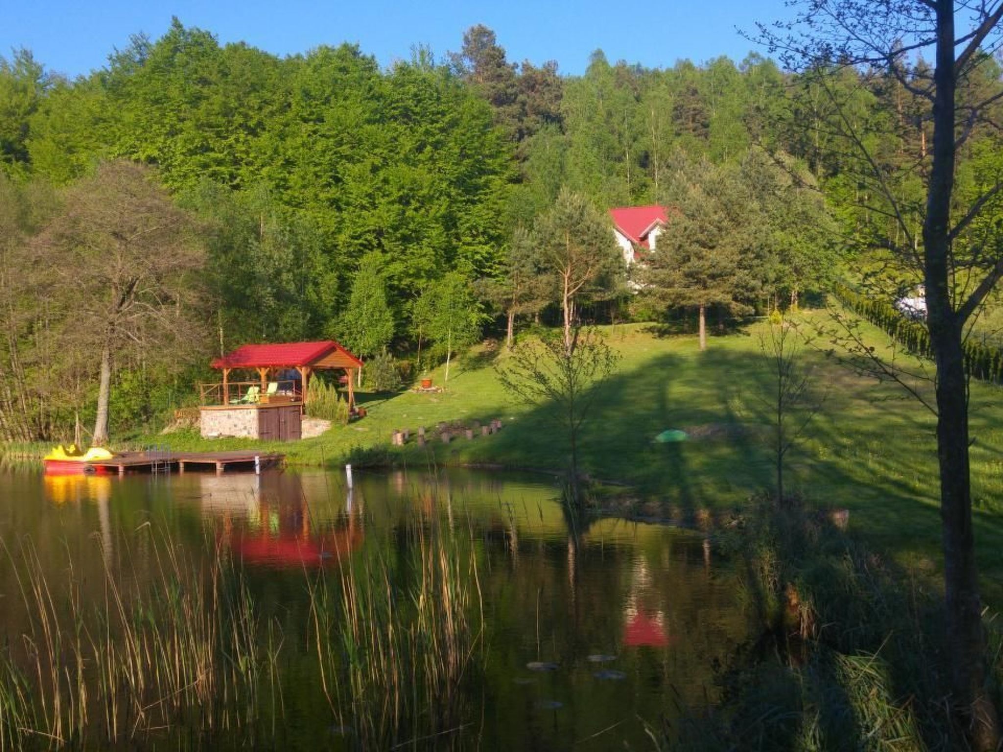 A lakeside cabin with a red roof, surrounded by dense forest and a clear sky.