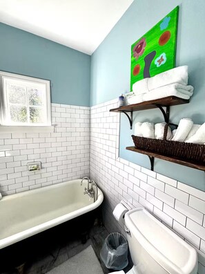 Hair dryer, towels, soap, toilet paper
