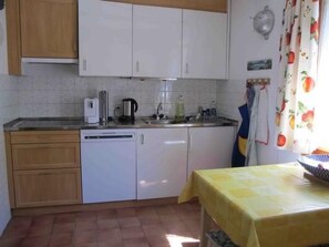 Fridge, oven, dishwasher, cookware/dishes/utensils