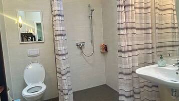 Une salle de bain avec douche, toilettes et lavabo.