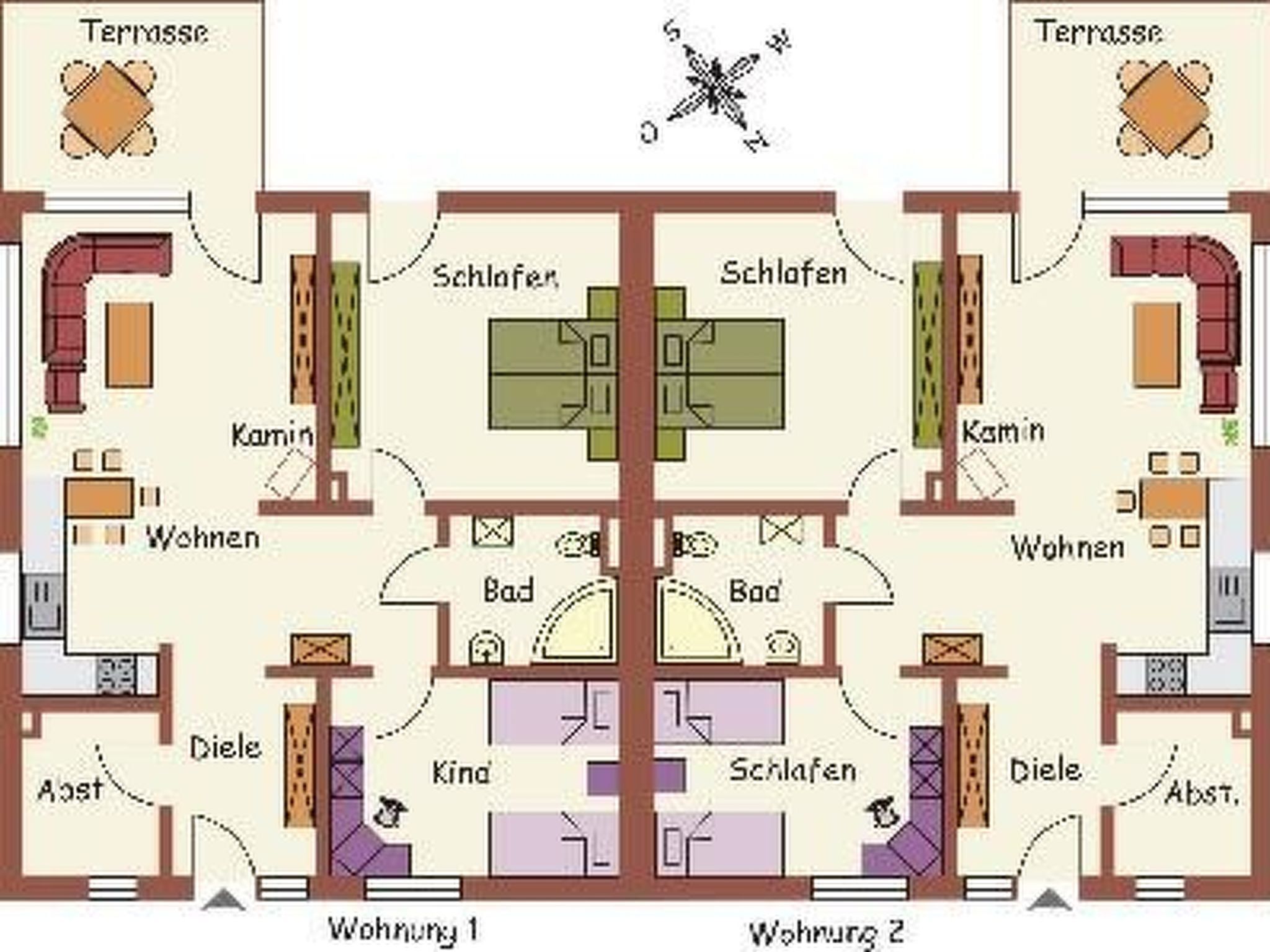 Een plattegrond van een hotelkamer met twee slaapkamers, twee badkamers, een keuken, een eethoek en een woonkamer.