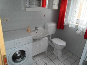 Une petite salle de bain équipée d’un lave-linge, d’un évier et de toilettes.