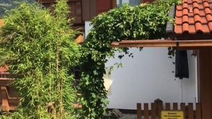 Um chalé tradicional com fachada de madeira, telhado de telhas e um pequeno jardim com um vaso de pedra e bambu.