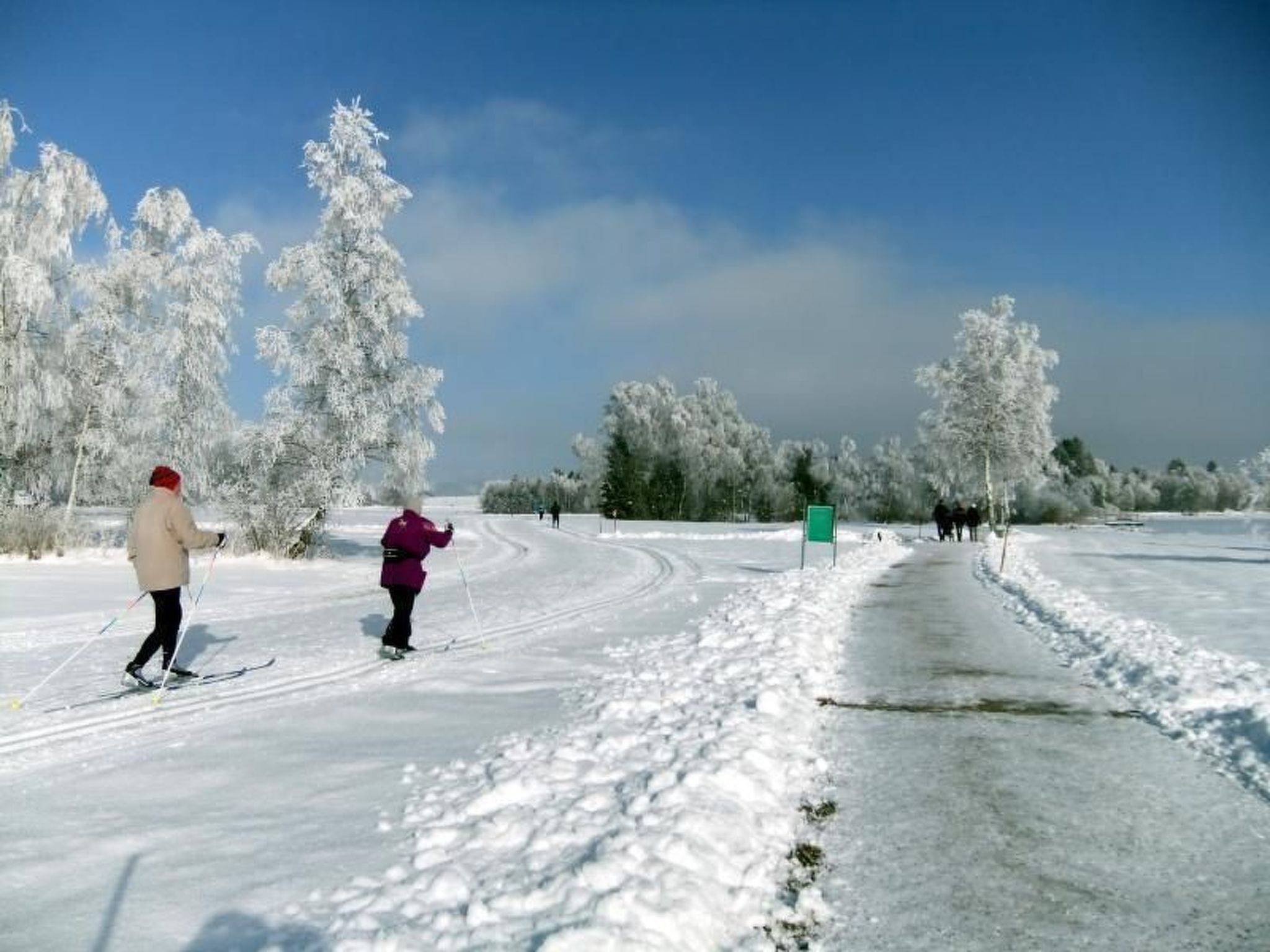 Paesaggio innevato con persone che sciano.