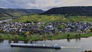 Un río con un barco de carga, rodeado por un pueblo con casas y campos verdes.
