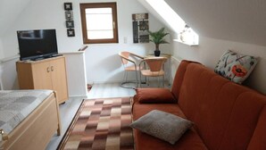 A compact living space with a bed, a sofa, a TV, a small dining area, and a window.