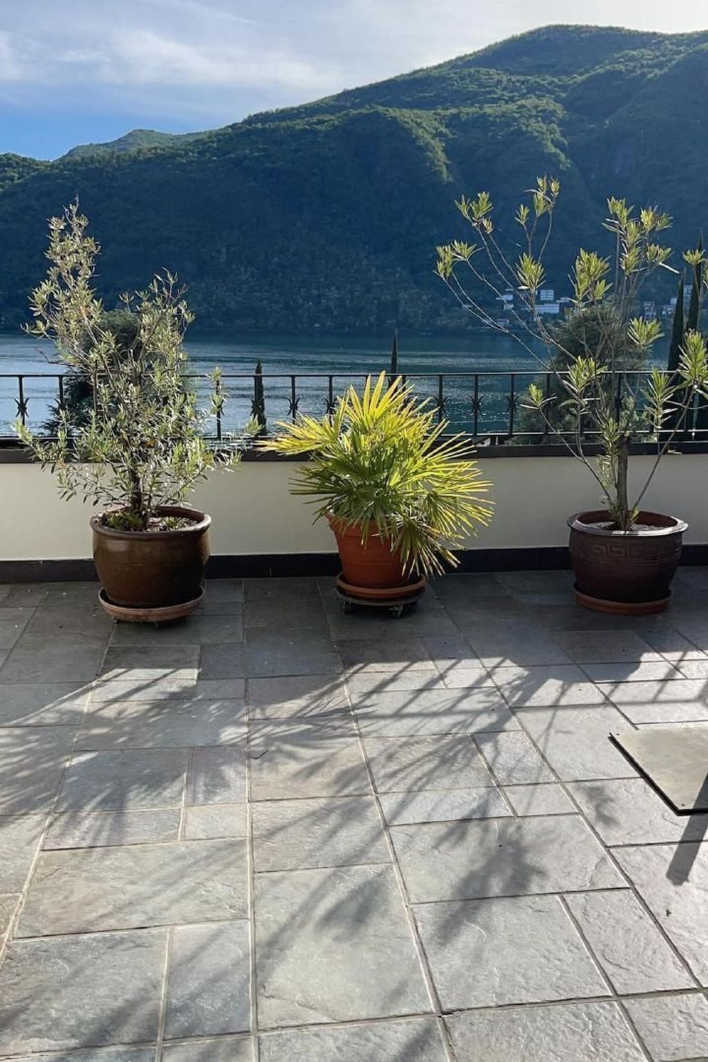 Eine Terrasse mit drei Blumentöpfen, einem gefliesten Boden und Blick auf einen See und Berge.