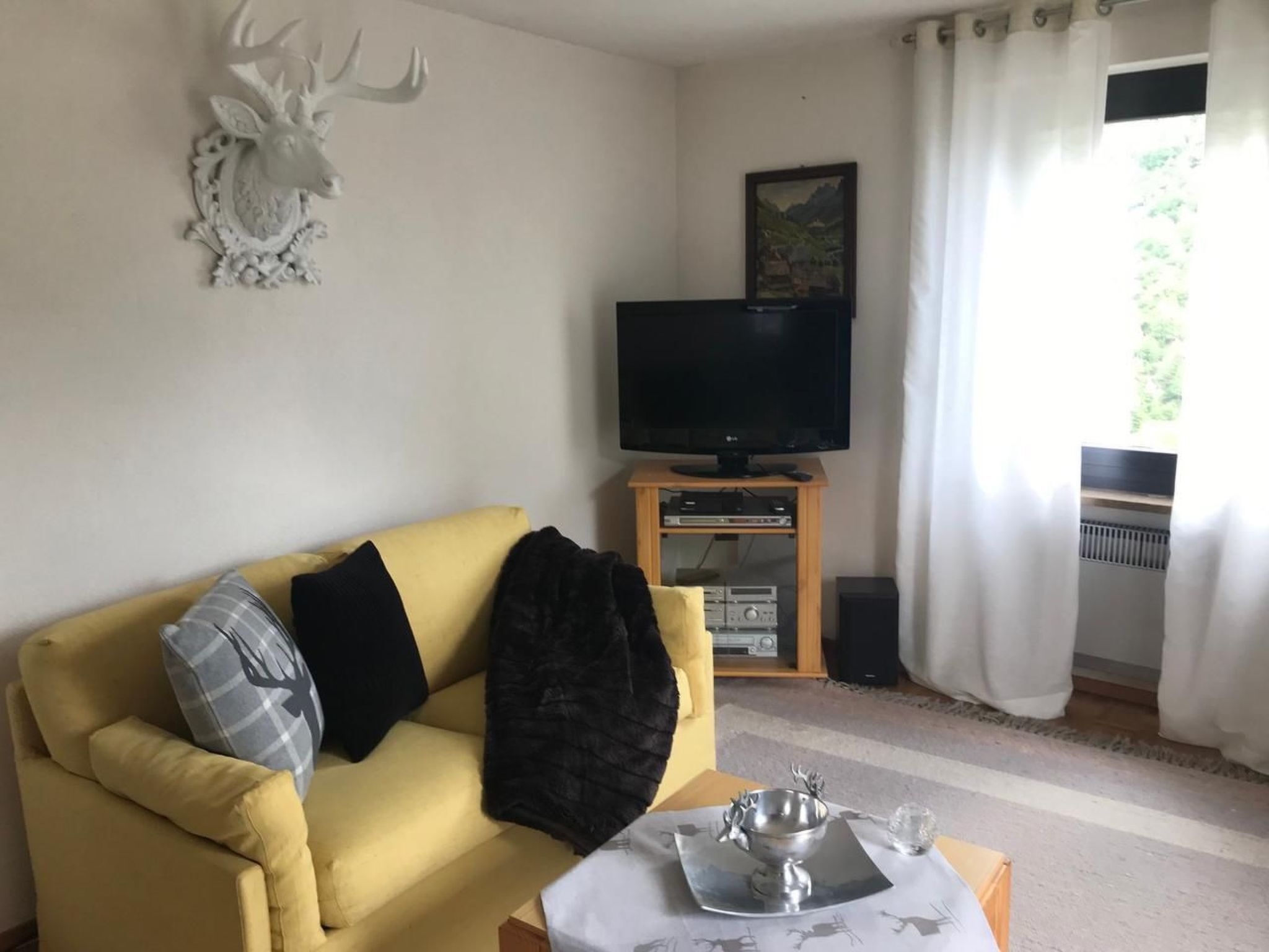 Un salon avec un canapé jaune, une tête de cerf accrochée au mur, un téléviseur posé sur un meuble en bois et une fenêtre avec des rideaux.