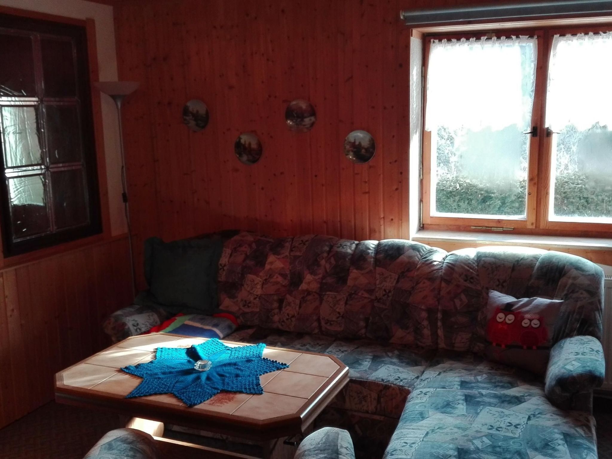 Un salon chaleureux avec un mur en bois, un canapé agrémenté de coussins à motifs, une table basse sur laquelle repose un objet bleu en forme d’étoile, et une fenêtre donnant sur des arbres.