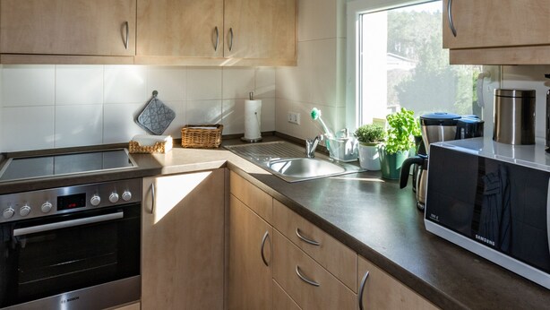A modern kitchen with wooden cabinets, stainless steel appliances, and a window providing natural light. - in Alt-Schadow mit Grill und Terrasse by Interhome (Jessern)