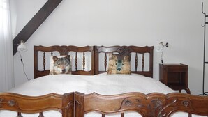 A bedroom with a wooden bed frame, two pillows with animal prints, a bedside lamp, and a nightstand. - mit Terrasse und offenem Kamin by Interhome (Bernau)