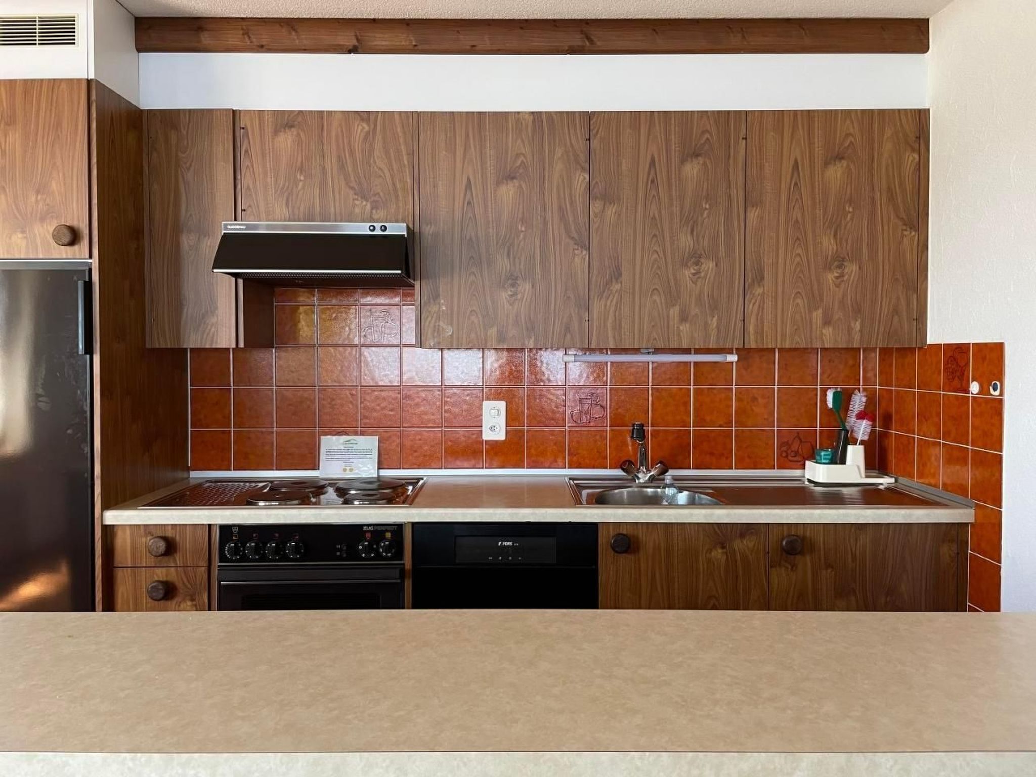 Fridge, oven, dishwasher, cookware/dishes/utensils