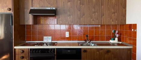 Fridge, oven, dishwasher, cookware/dishes/utensils