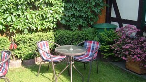 Une terrasse avec deux chaises à carreaux et une table, entourée d’une végétation luxuriante et d’un arbuste en fleurs.
