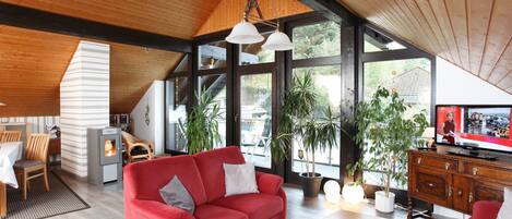 Una chimenea, un reproductor de DVD