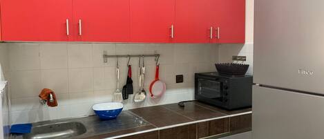 Fridge, microwave, oven, cookware/dishes/utensils