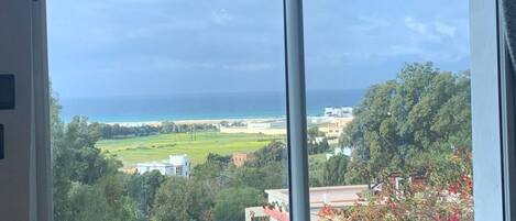A room with a large window overlooking a landscape with greenery and a distant view of the sea.