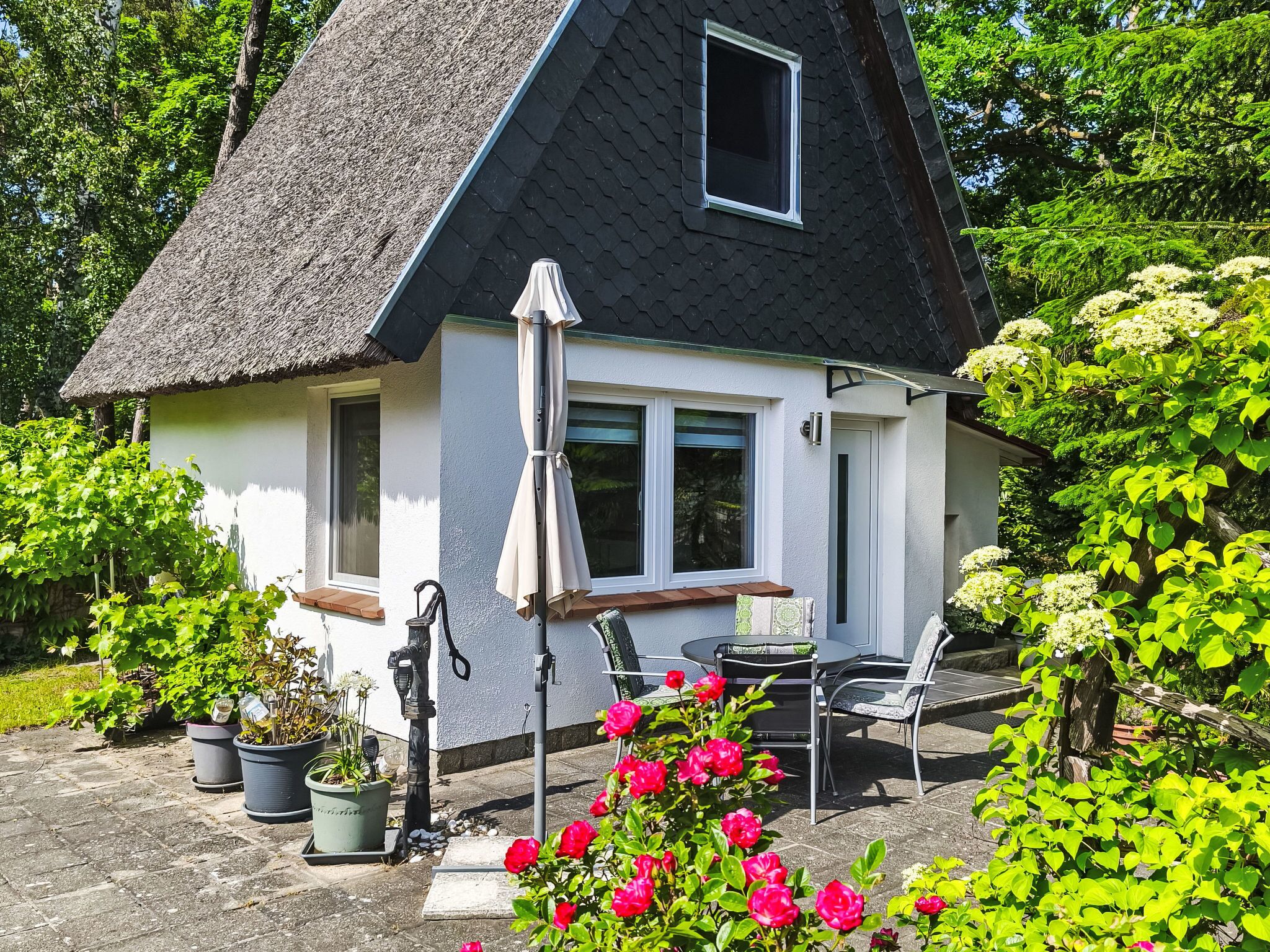 A house with a thatched roof, a patio with outdoor furniture, and potted plants.