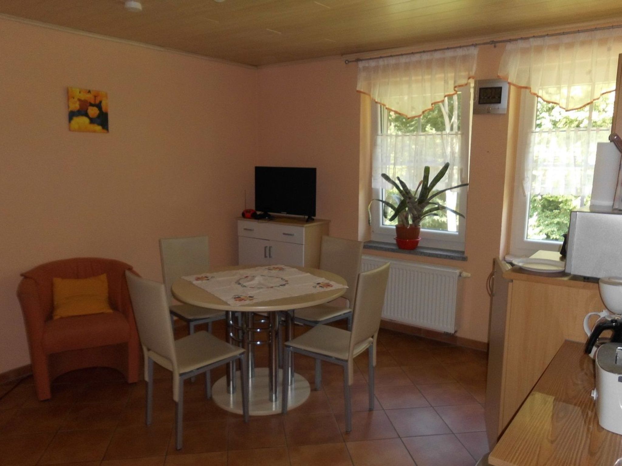 A compact living space with a dining area featuring a round table and four chairs, a television on a cabinet, a potted plant by the window, and a kettle on a wooden table.