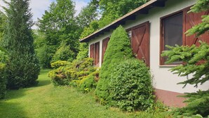 Une maison dotée d’un jardin bien entretenu, agrémenté de diverses espèces d’arbustes et d’arbres.