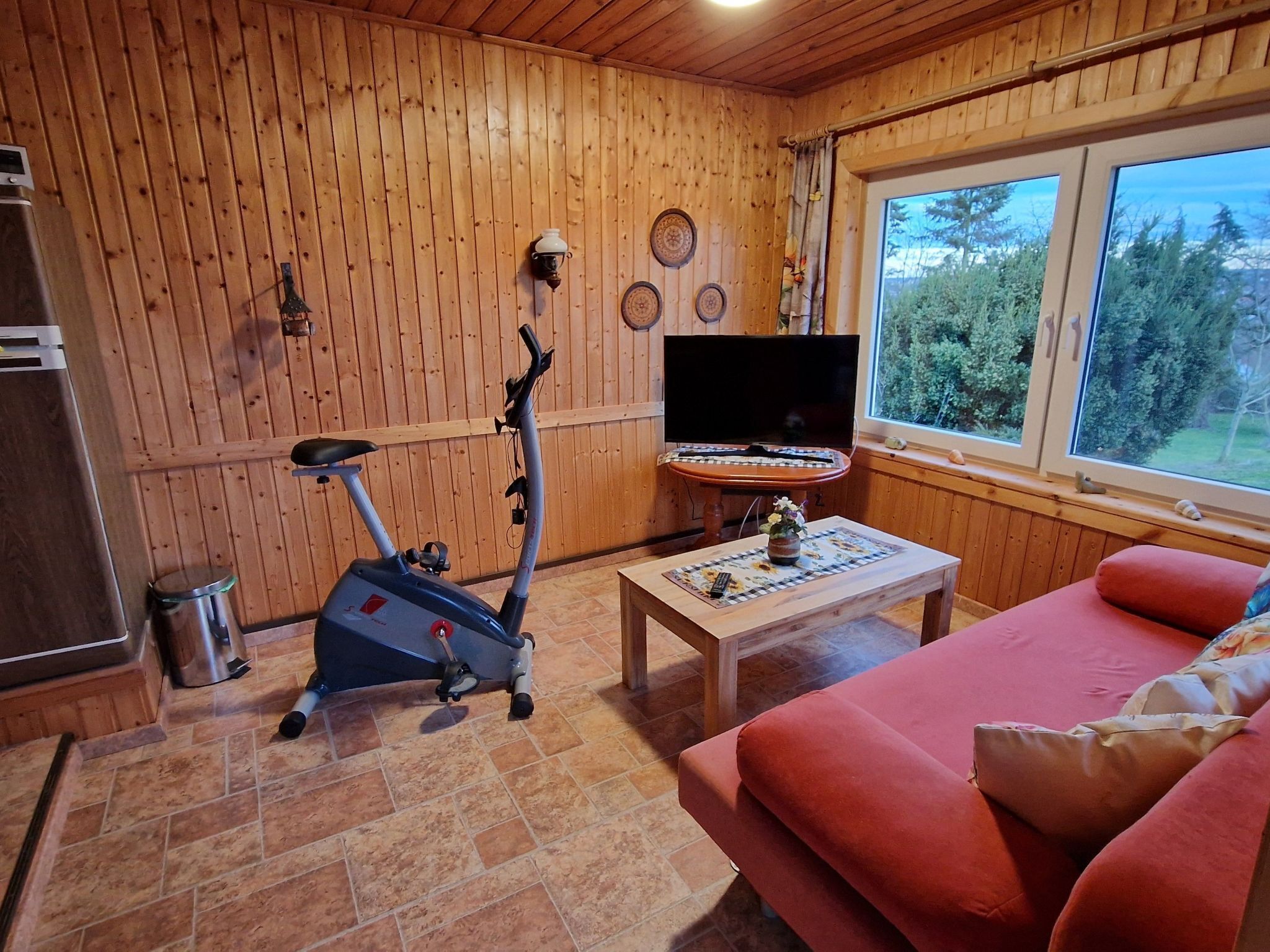 A room with wooden walls, a TV, a small table with a vase, a red sofa, and an exercise bike.