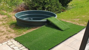 Une piscine circulaire, avec un tapis de gazon artificiel vert devant.