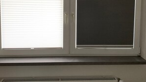 Ein Zimmer mit zwei Fenstern, eines mit Jalousien und eines mit Rollo, sowie einem weißen Heizkörper darunter.
