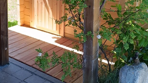 A wooden structure with a door and a small circular window, surrounded by greenery and a wooden deck. - Chalet  " Jagdhaus" by Interhome (Philippsreut)