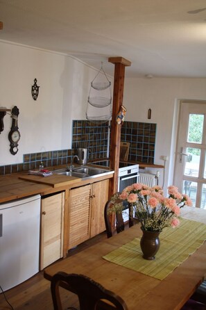 Fridge, oven, cookware/dishes/utensils