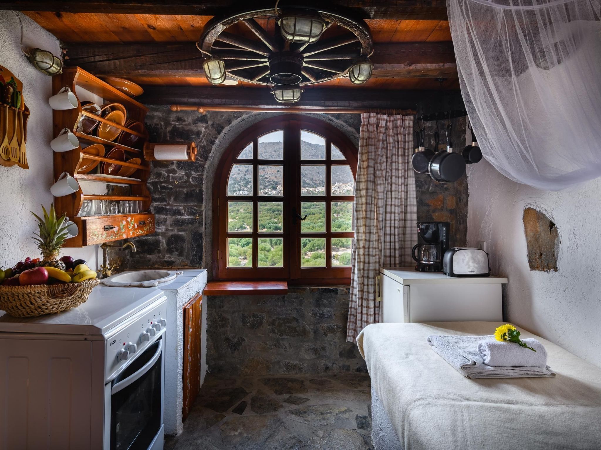 Fridge, oven, cookware/dishes/utensils