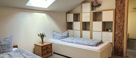 Habitación tipo dormitorio con tragaluz, una cama, escritorio y armario empotrado.