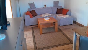 Un salon moderne avec un canapé gris, une table basse en bois et un téléviseur posé sur un meuble.