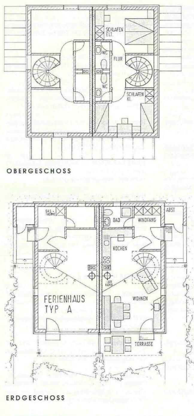 Floor plans for Obergeschoß and Erdgeschoß, detailing room layouts, staircases, and amenities like bathrooms and kitchens.