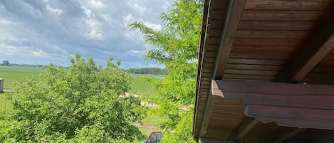 A wooden structure with a view of a green landscape and trees.