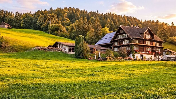 Een groot houten huis met meerdere ramen en een schuin dak, omgeven door een weelderig groen veld en een beboste helling.