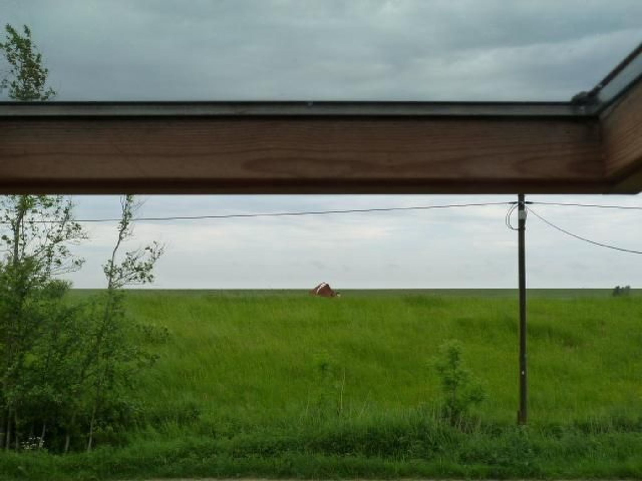 A covered outdoor area with a view of a green field and a distant red structure.