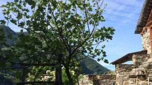 Un edificio in pietra con tetto spiovente, immerso nel verde e con un albero.