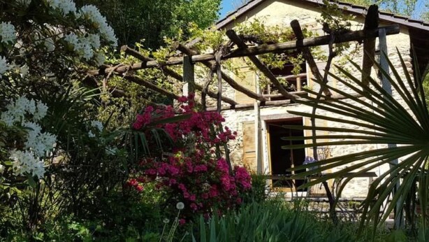 Un bâtiment rustique en pierre, agrémenté d’une pergola en bois à l’avant, et entouré d’une végétation luxuriante et de plantes en fleurs.
