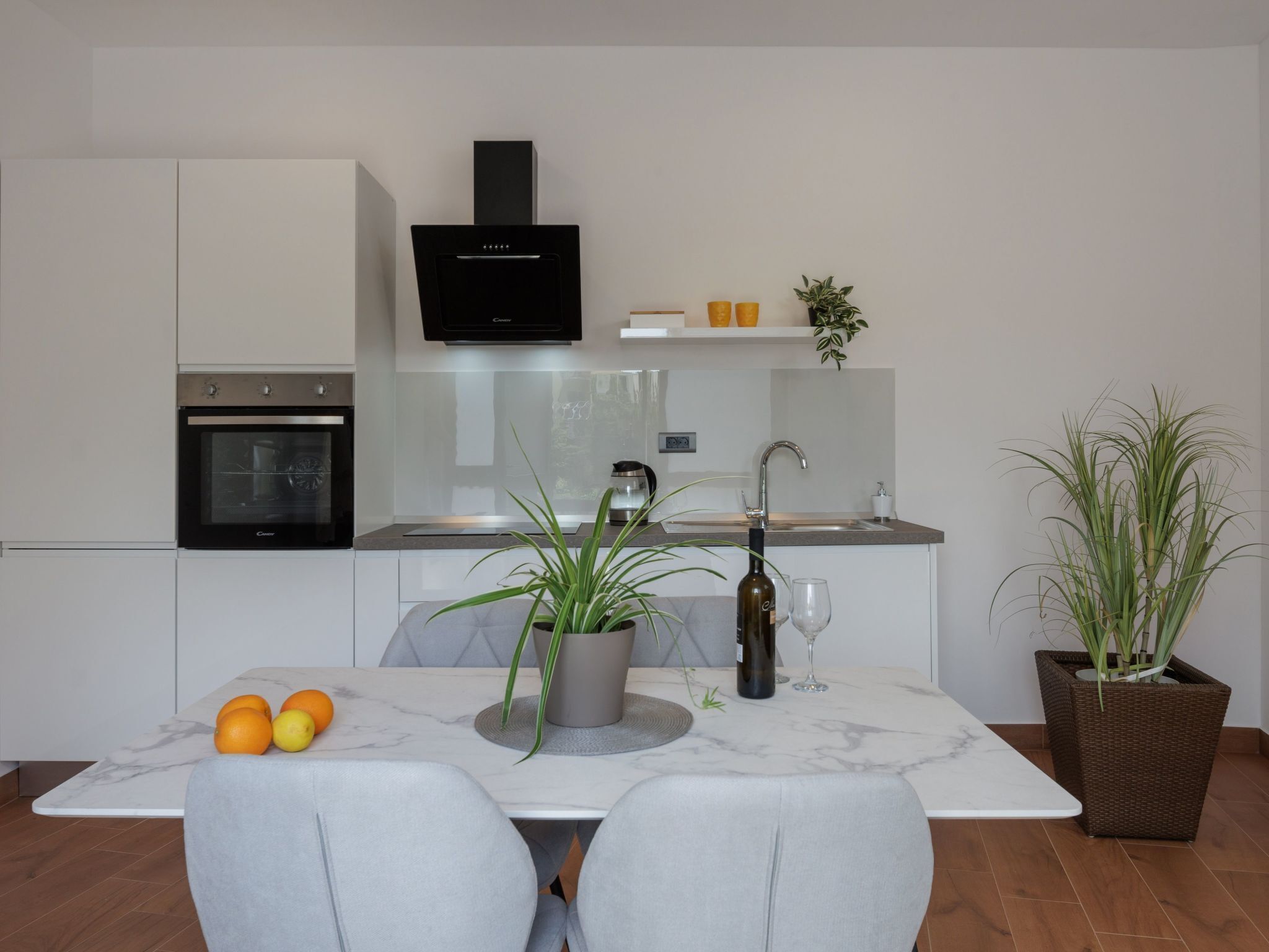 Fridge, oven, dishwasher, cookware/dishes/utensils