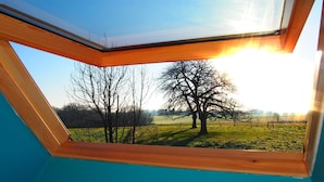 A skylight with a view of a tree and open fields. - Komplett neue ländliche Unterkunft im Cottage-Stil Komfort by Interhome (Ellezelles)