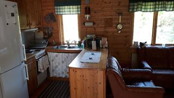 Geladeira, micro-ondas, fogão, talheres/pratos/utensílios de cozinha