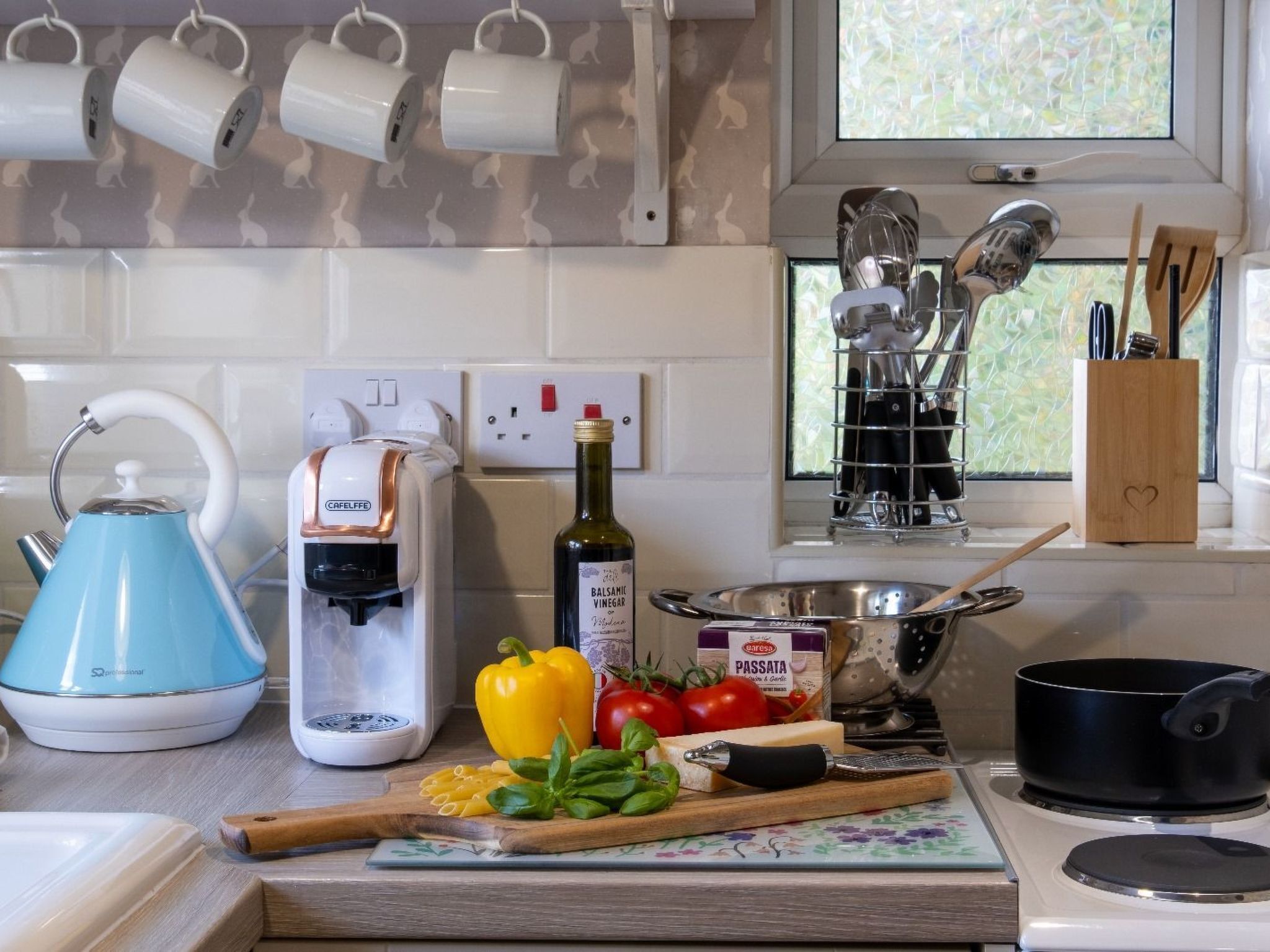 Fridge, oven, dishwasher, cookware/dishes/utensils